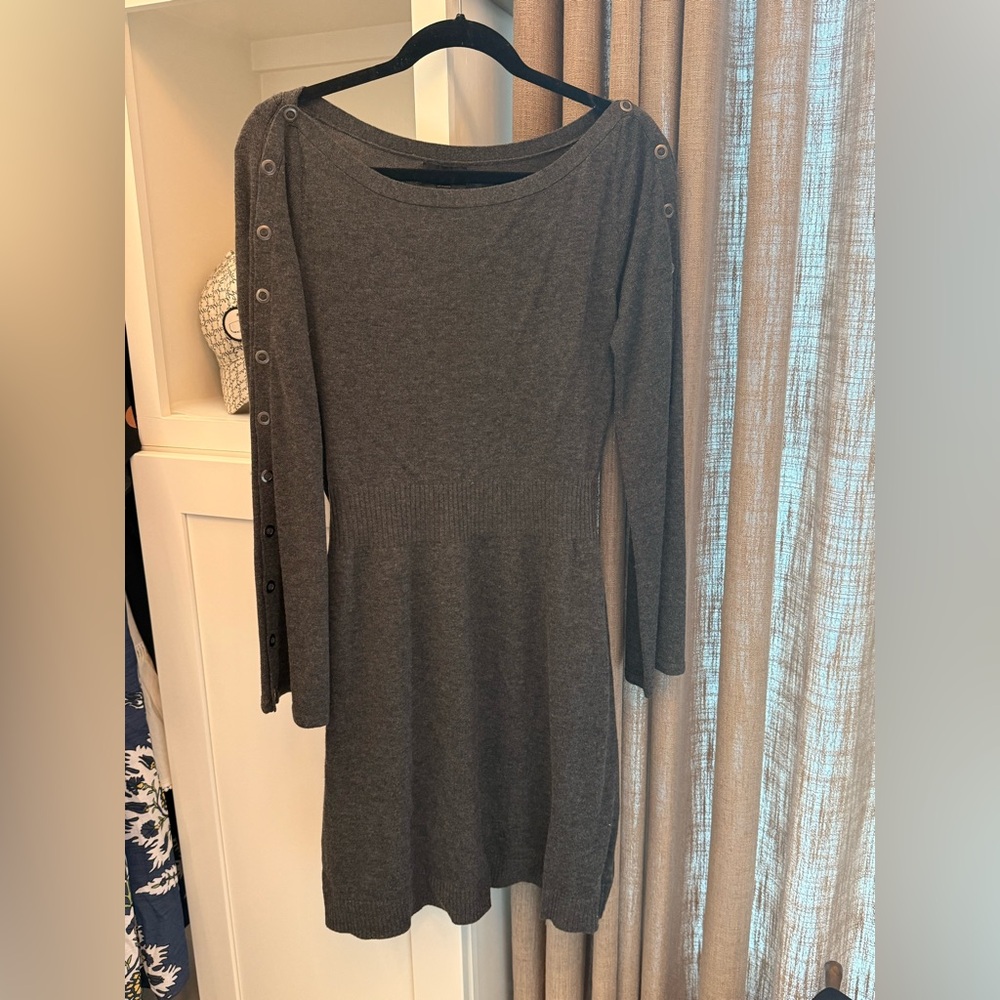 Gray Fluted Long Sleeve Dress with Button Detail